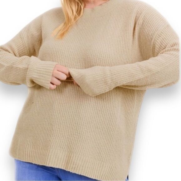 Beige Crew Neck Long Sleeve Lightweight Rib Knit Sweater NEW - Picture 2 of 4